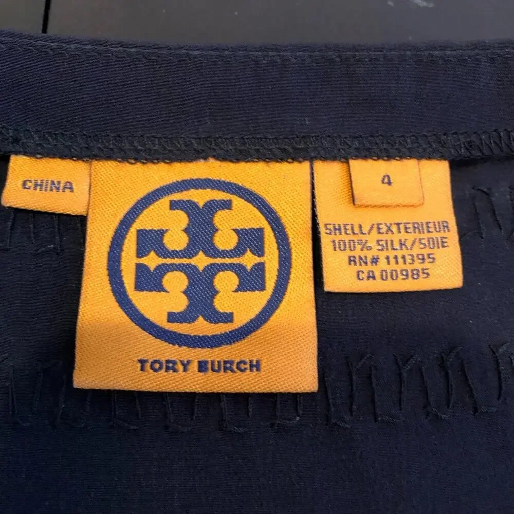 Tory Burch navy blue white rectangle sequin silk top size 4